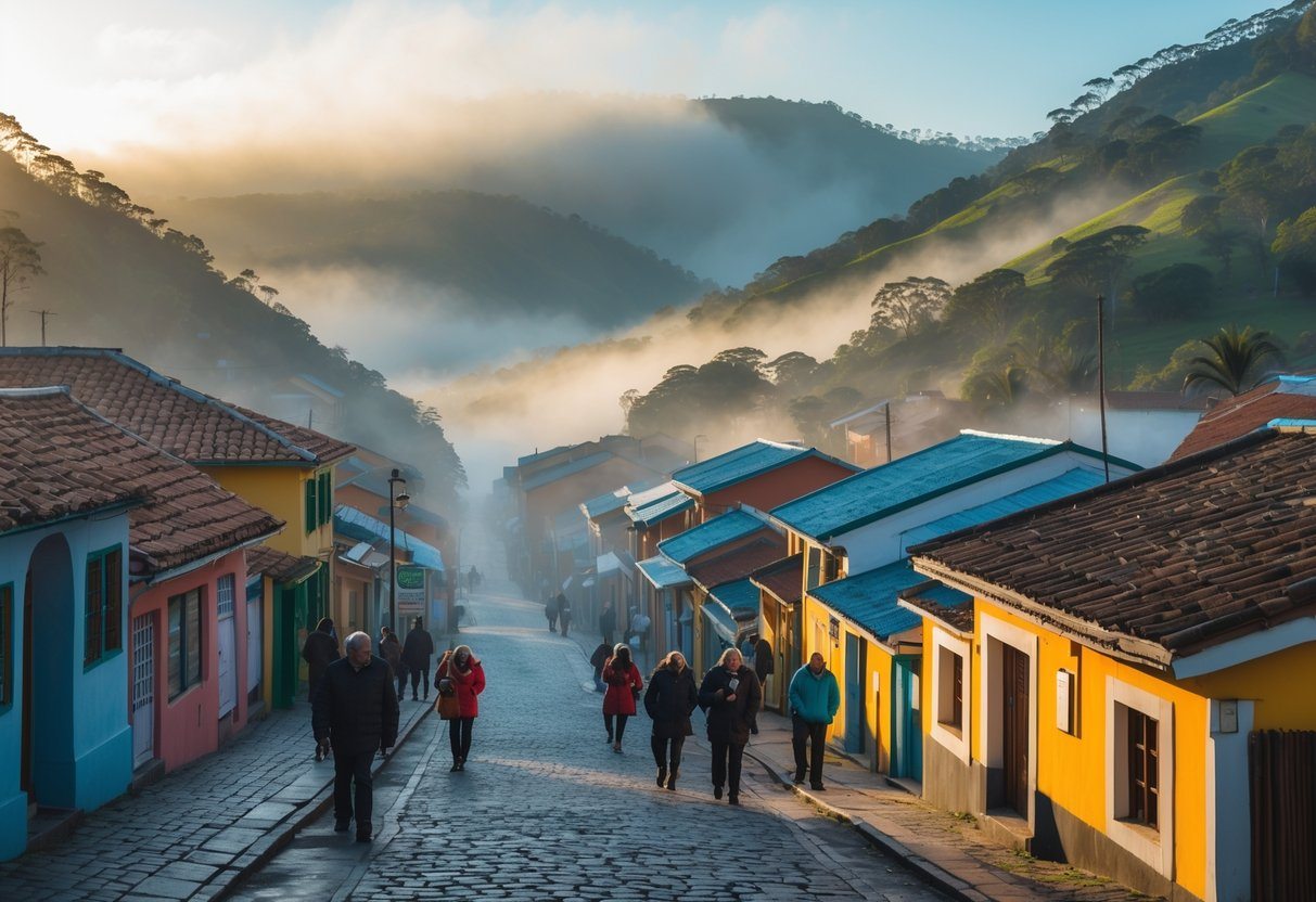 Cidade pequena nas montanhas do Nordeste com casas coloridas, neblina leve e pessoas vestindo roupas quentes.