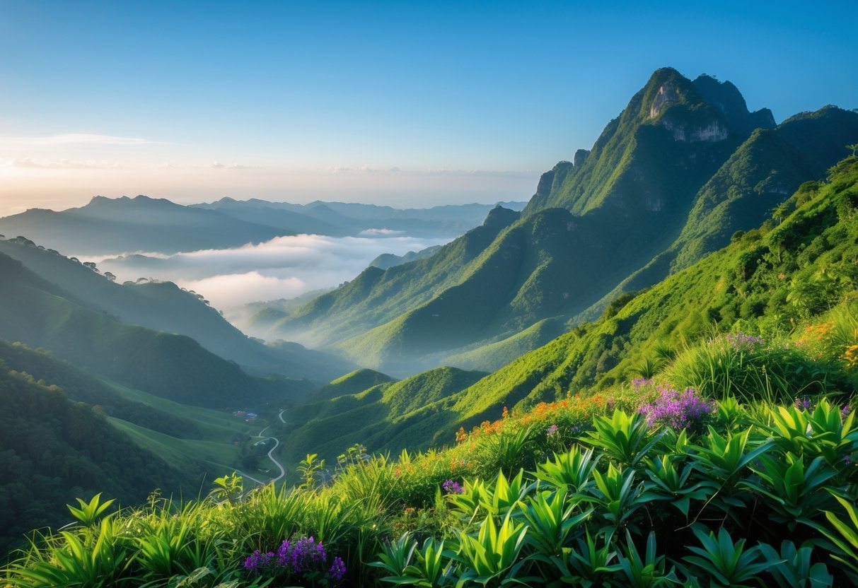 Paisagem de montanhas verdes e céu azul claro na serra do Rio de Janeiro, com vegetação nativa e flores coloridas.