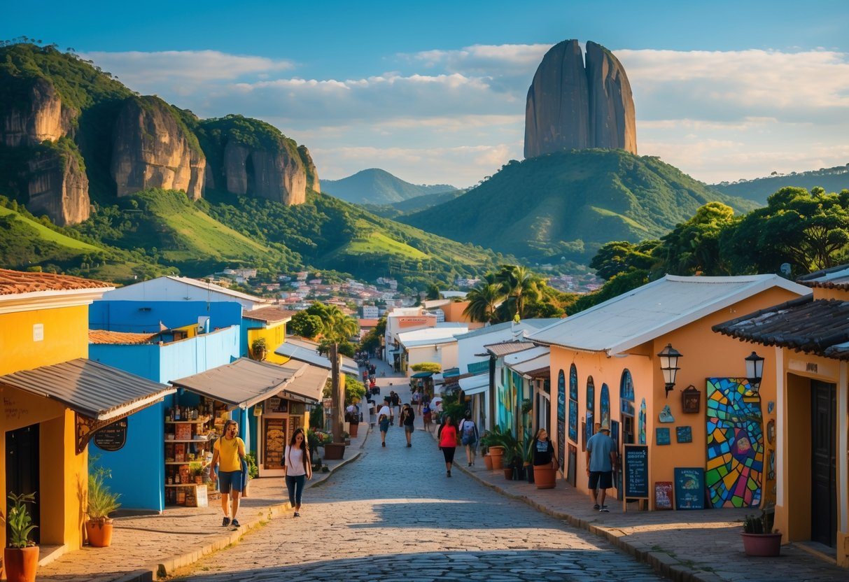 Vista panorâmica da cidade de São Thomé das Letras com casas coloridas, ruas de pedra, formações rochosas e pessoas caminhando e explorando a área.