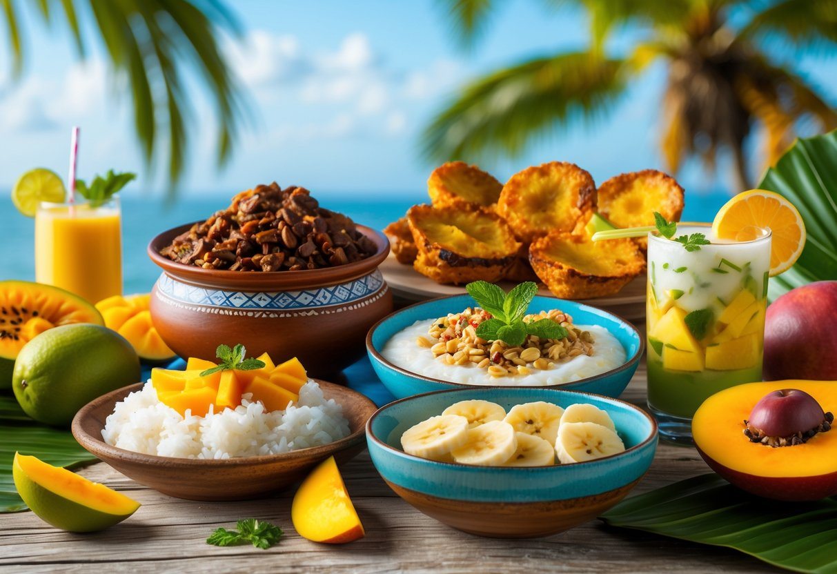 Mesa com pratos tradicionais do Rio de Janeiro, incluindo feijoada, pastel, açaí com frutas, e uma caipirinha, com frutas tropicais ao redor e um fundo de praia ao sol.