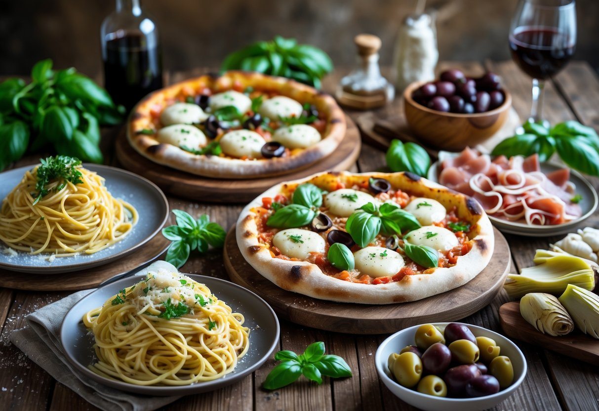 Mesa rústica com pratos tradicionais italianos, incluindo espaguete, pizza margherita, risoto e antipasti, acompanhados de vinho e azeite.