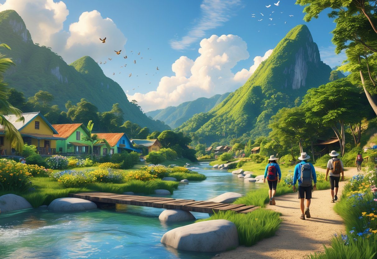 Vista de uma paisagem natural em Sana com montanhas verdes, rio cristalino, ponte de madeira, trilha com caminhantes e uma vila rústica ao fundo.