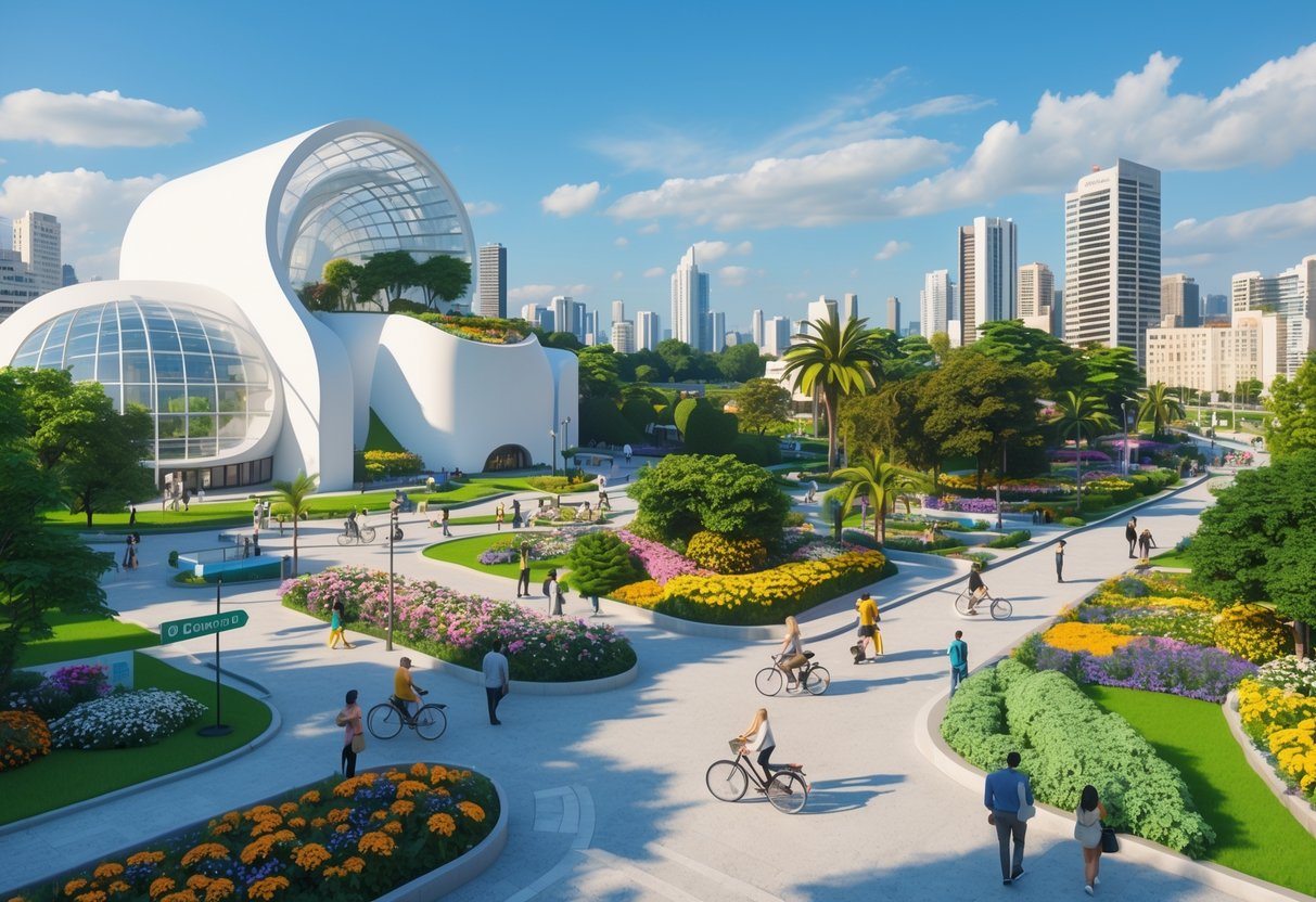 Vista panorâmica de pontos turísticos de Curitiba em um dia ensolarado, incluindo museu, jardim botânico e rua movimentada com pessoas e áreas verdes.