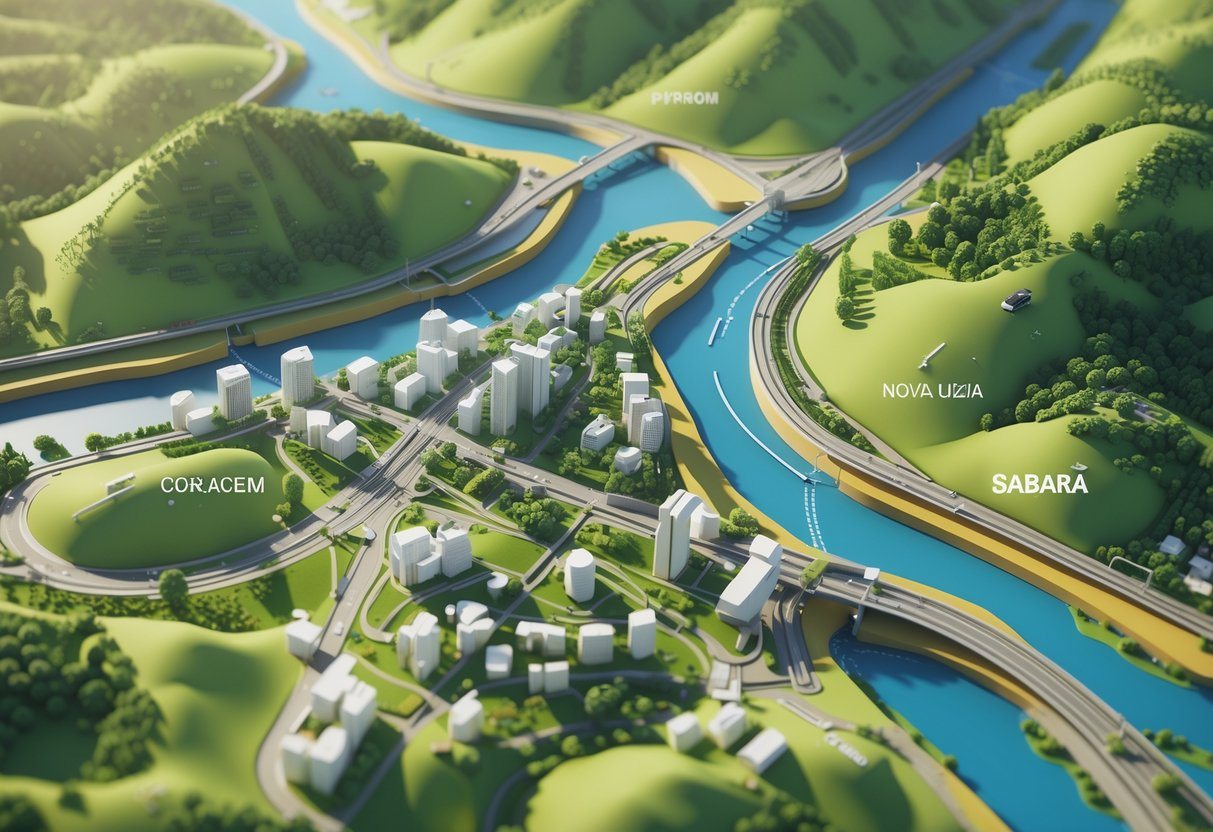 Mapa 3D mostrando a área metropolitana ao redor de Belo Horizonte com cidades próximas, relevo, rios, estradas e áreas urbanas.