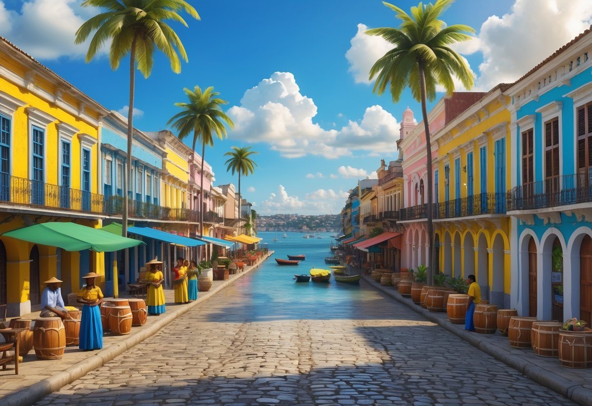 Vista de Salvador, Bahia, com prédios coloridos, ruas de pedra, músicos e vendedores, palmeiras e o mar ao fundo.