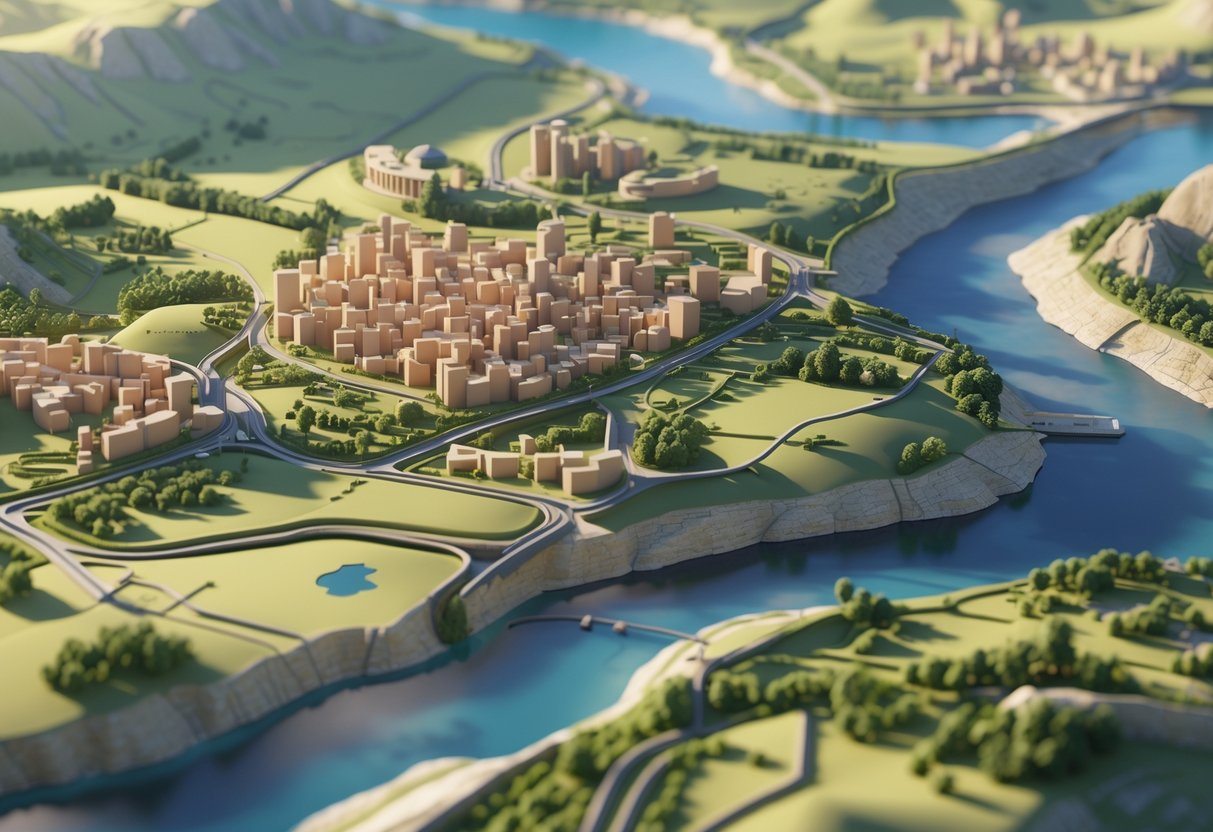 Mapa em 3D mostrando cidades próximas a Roma, com relevo, rios, estradas e áreas urbanas ao redor da cidade.