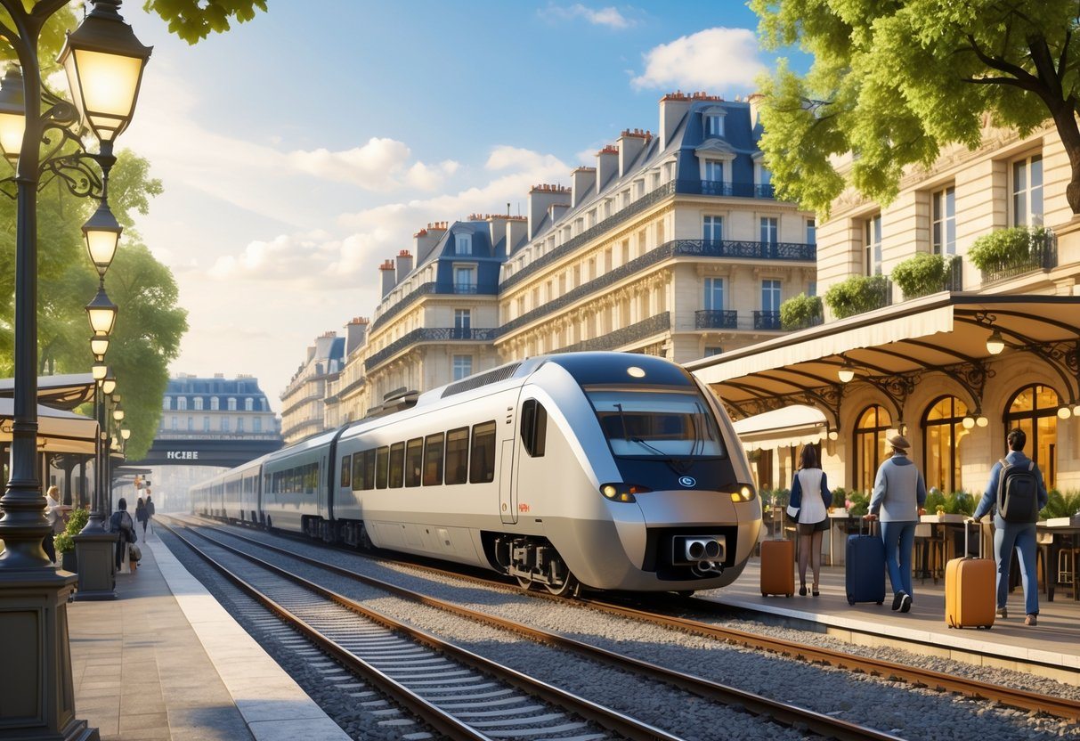 Cena de uma estação de trem em Paris com pessoas embarcando para uma viagem de bate e volta, com prédios clássicos e árvores ao redor.