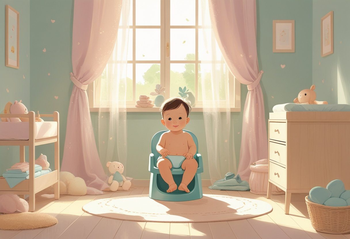 Um bebê sentado em um penico em um quarto de bebê aconchegante e iluminado, cercado por brinquedos e roupas organizadas.