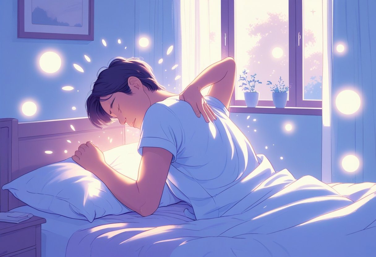 Pessoa acordando em um quarto com expressão de dor no corpo, com luz suave entrando pela janela e elementos espirituais sutis ao redor.