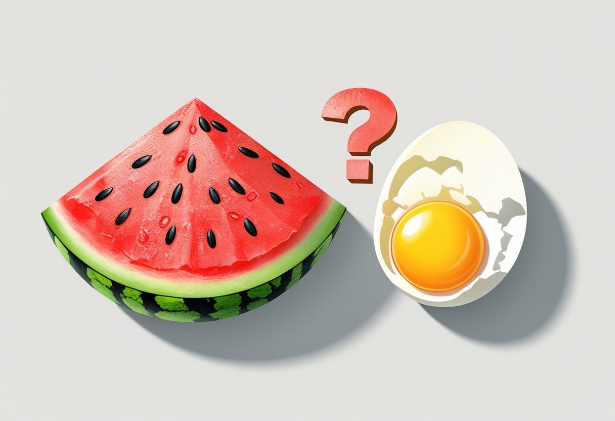 Uma fatia de melancia e um ovo quebrado lado a lado sobre um fundo branco, com um ponto de interrogação sutil entre eles.