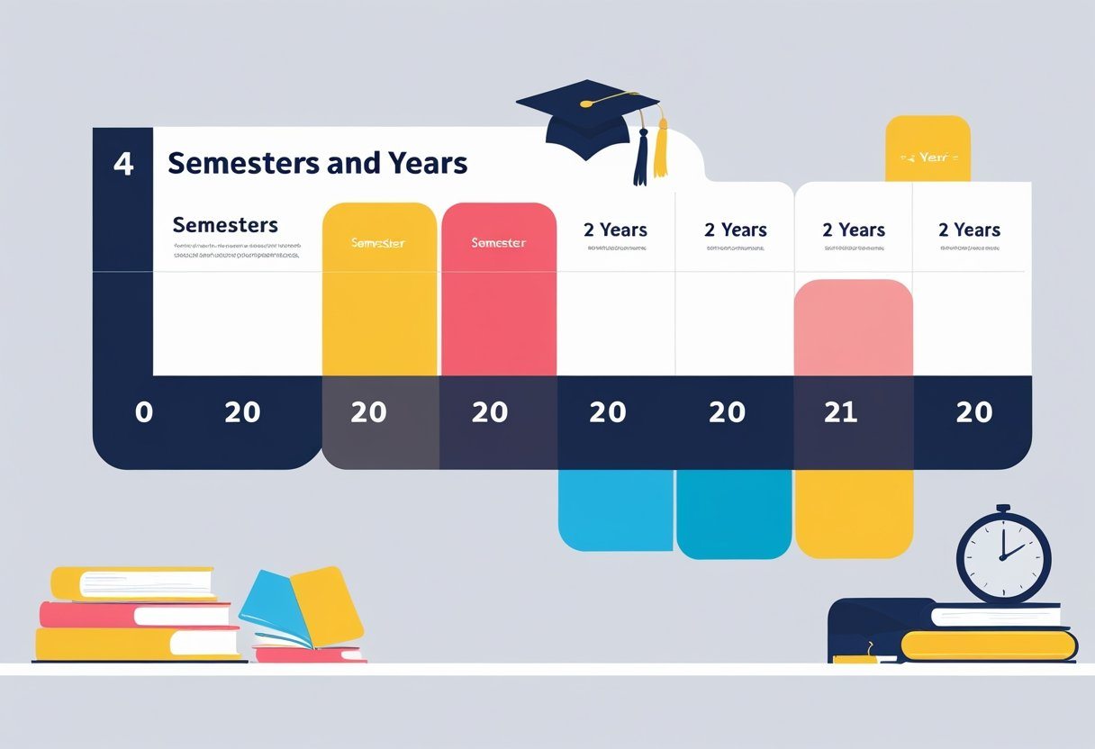 Linha do tempo mostrando quatro semestres divididos em blocos coloridos, indicando que correspondem a dois anos, com elementos educacionais ao redor como livros e um relógio.