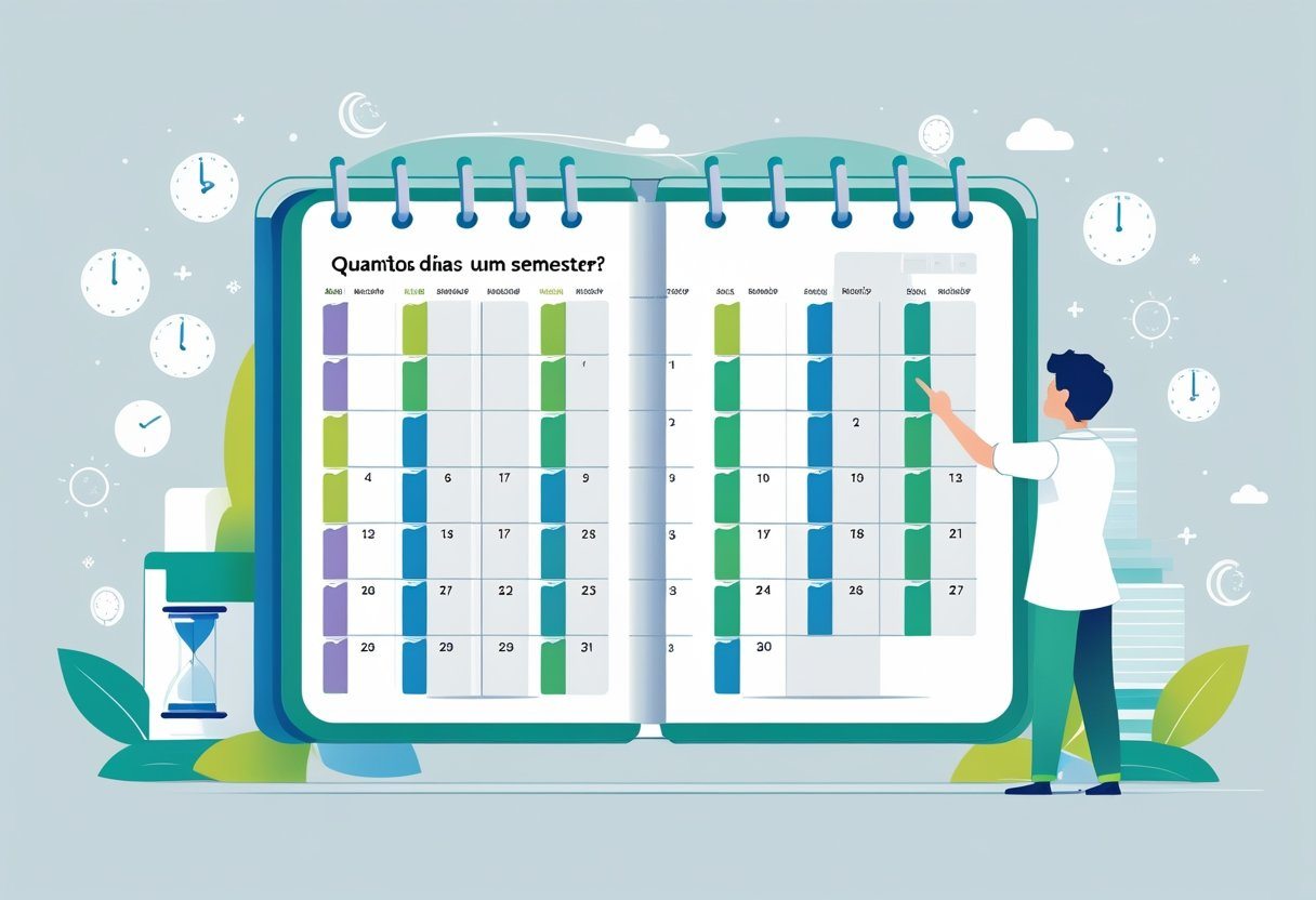 Pessoa apontando para um calendário dividido em seis meses, com ícones de relógio e ampulheta ao redor, representando a contagem dos dias de um semestre.
