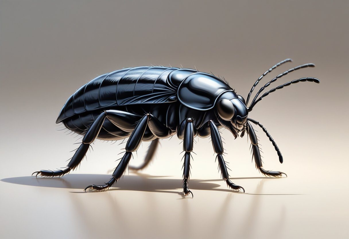 Ilustração detalhada de um pequeno inseto preto que parece uma pulga, em close-up, com fundo neutro.