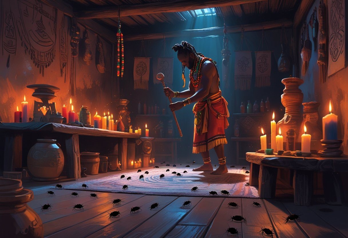 Pessoa realizando um ritual de macumba em um ambiente rústico com várias pulgas visíveis no chão e móveis ao redor.