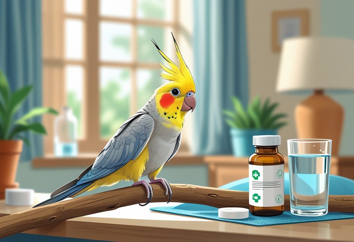 Uma calopsita saudável pousada em um galho dentro de um ambiente interno, com um copo de água e um frasco de remédio ao lado.