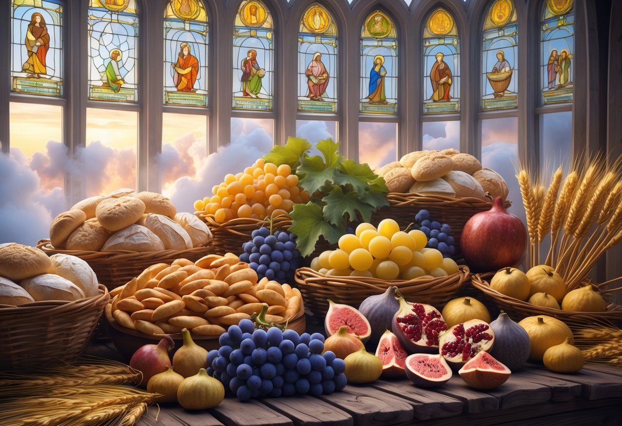 Cena de um sonho com uma mesa rústica cheia de alimentos variados e abundantes, iluminada por uma luz suave que lembra um ambiente celestial.