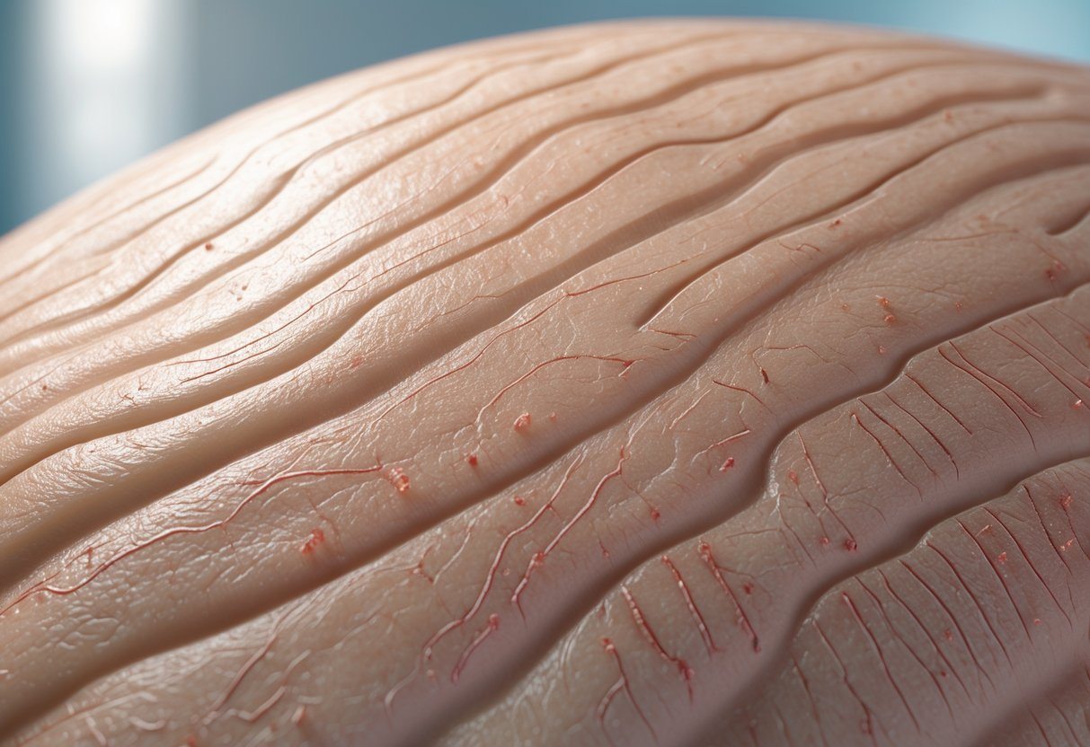 Close-up da pele humana com linhas vermelhas elevadas que indicam dermografismo.