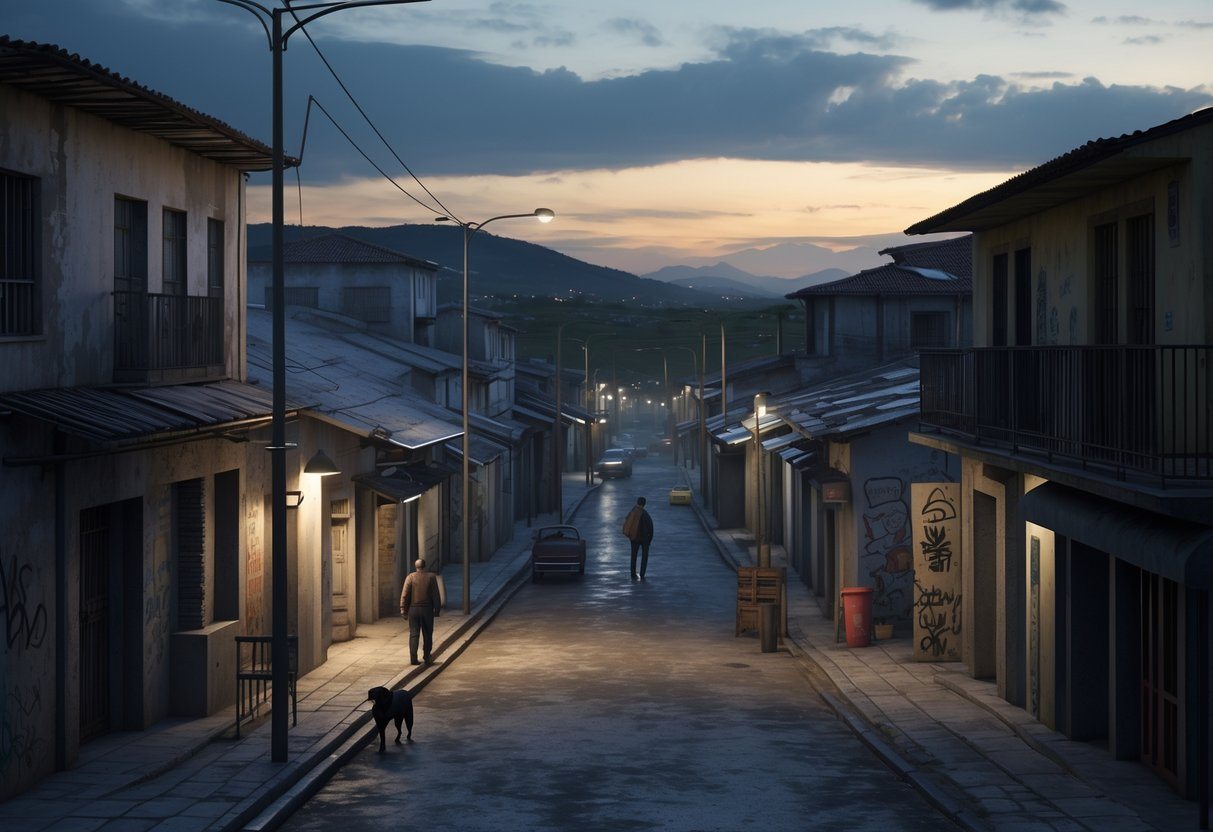 Cena de rua em Nova Iguaçu ao entardecer, com prédios residenciais e lojas, pessoas andando com cautela e iluminação de postes criando sombras.