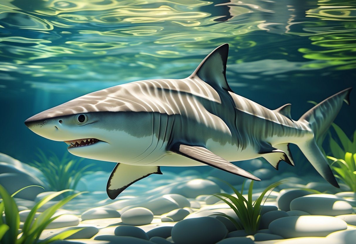 Um tubarão de água doce nadando em um rio claro com plantas aquáticas e pedras no fundo.