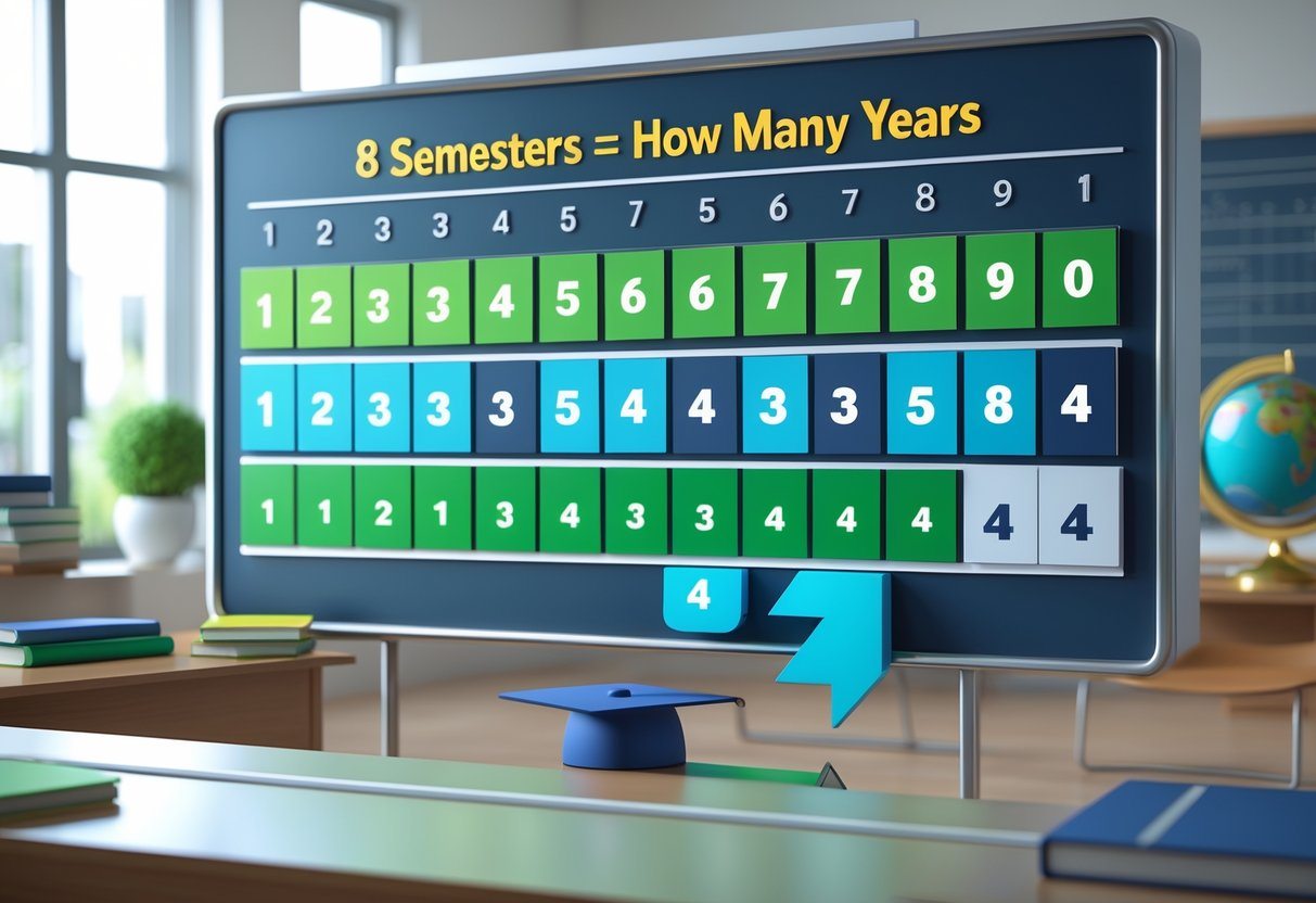 Cena mostrando oito blocos representando semestres organizados em uma linha, agrupados em pares que indicam quatro anos, com elementos escolares ao fundo.