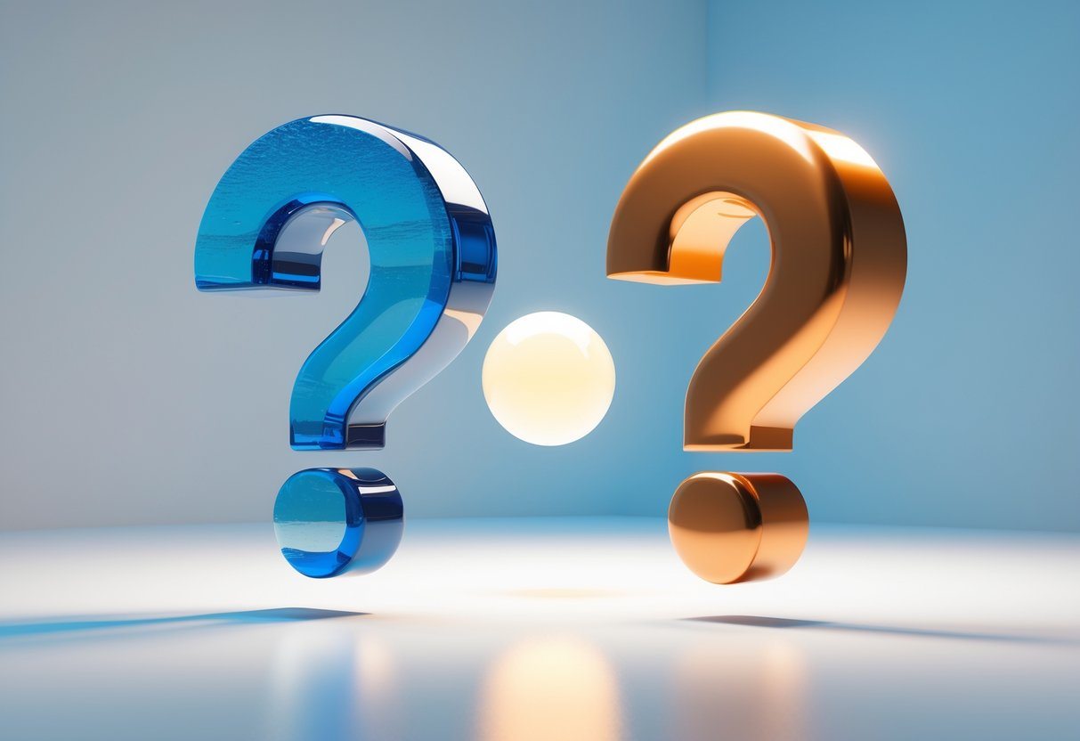 Duas interrogações flutuando, uma azul translúcida e outra metálica laranja, sobre uma superfície branca brilhante com uma luz suave entre elas.