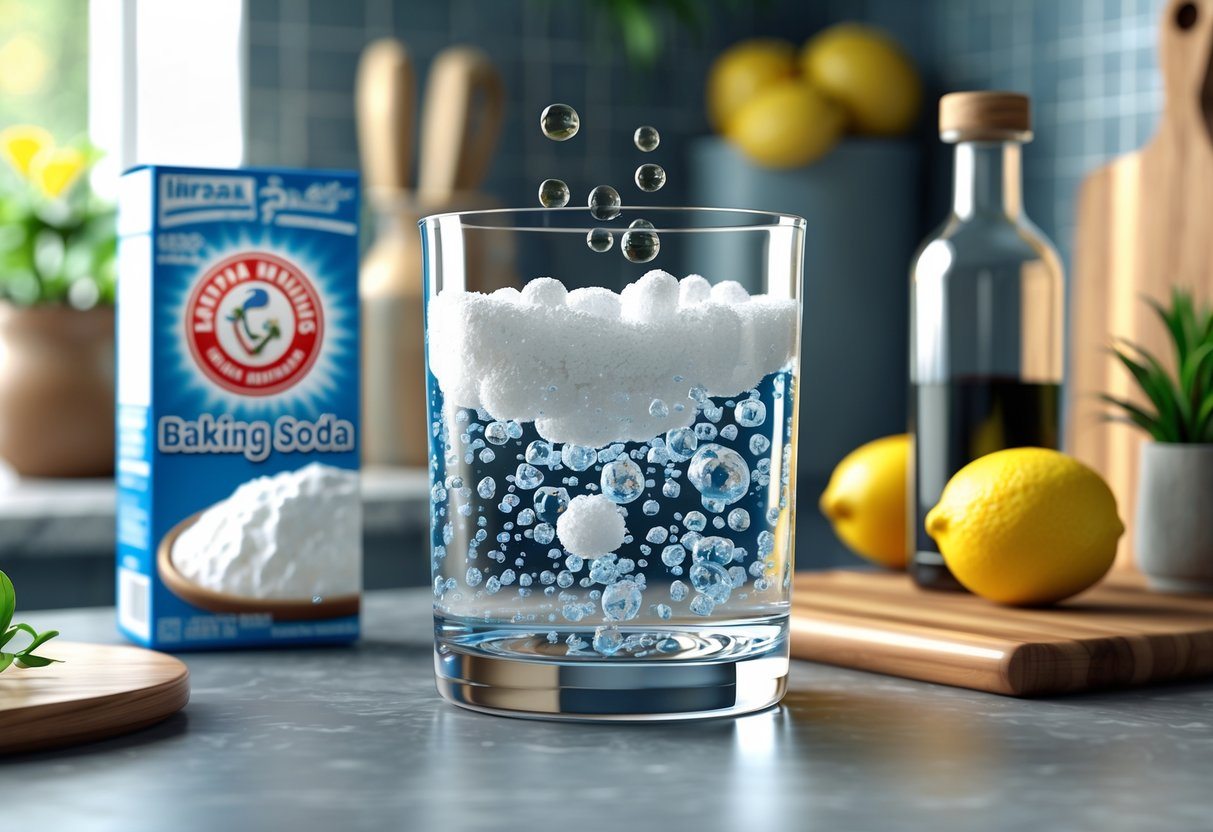 Copo de vidro com líquido efervescente ao lado de caixa de bicarbonato e garrafa de vinagre sobre bancada de cozinha com limões e planta ao fundo.
