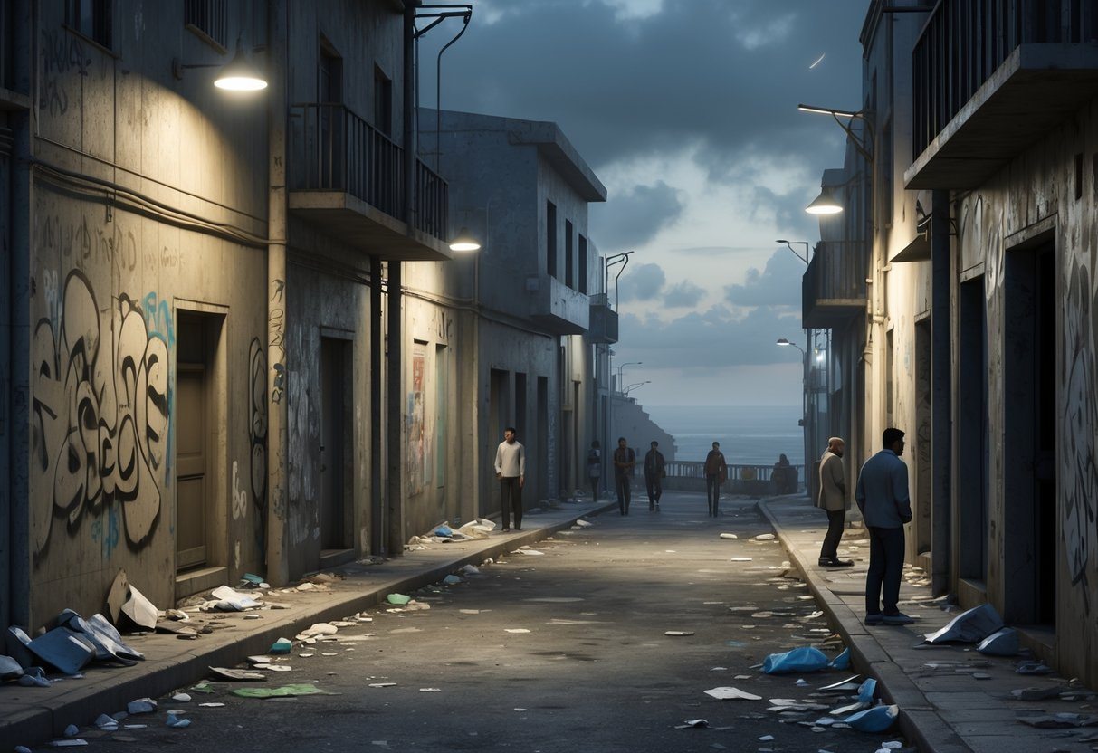 Vista de um bairro urbano em Cabo Frio com ruas estreitas, prédios desgastados, luzes fracas e pessoas ao longe, transmitindo uma sensação de perigo e abandono.