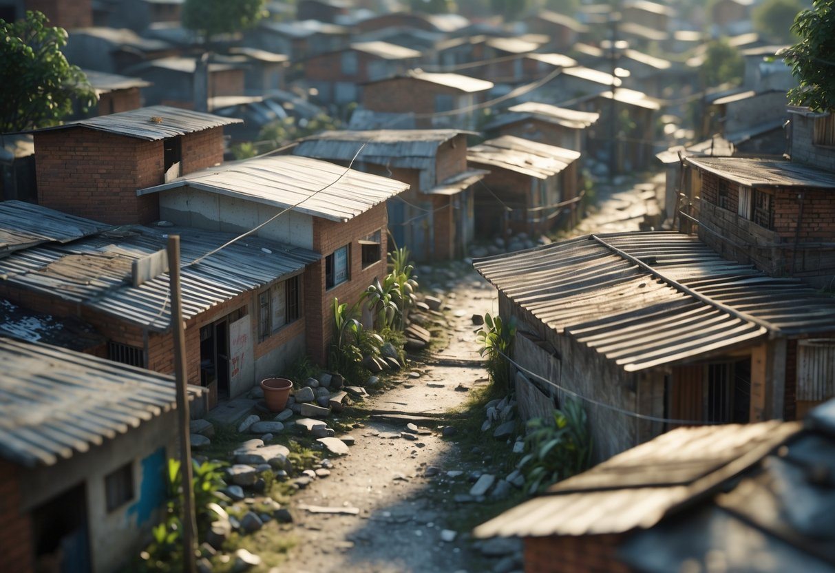 Vista de um bairro pobre de Osasco com casas pequenas e apertadas, ruas estreitas e poucos espaços verdes.