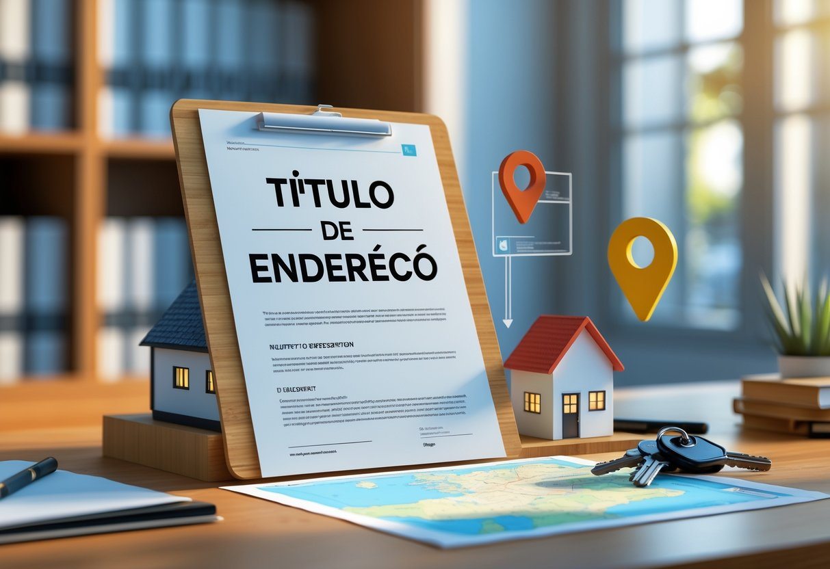 Uma mesa com um documento, um modelo de casa, um ícone de localização e chaves, representando título de endereço em um ambiente de escritório.