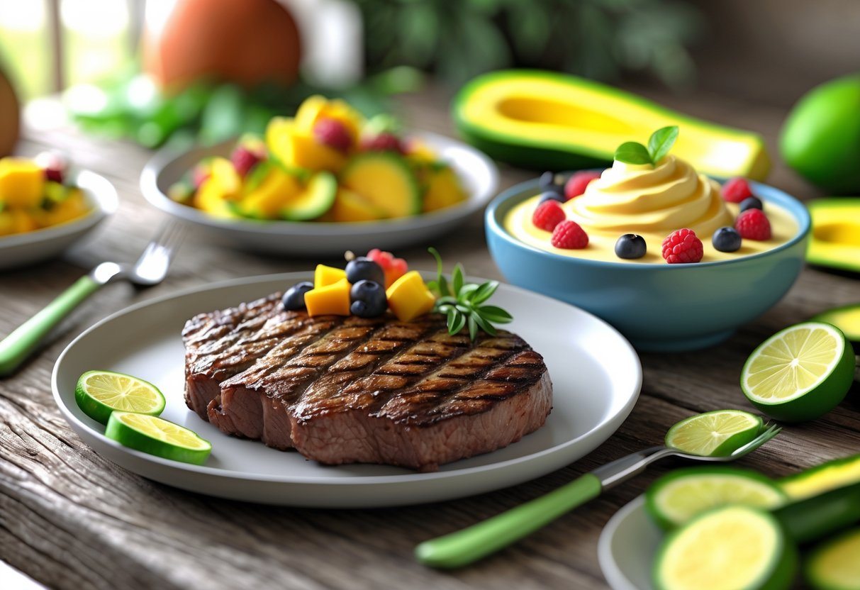 Prato com comida brasileira começando com a letra Z, incluindo bife de zebu grelhado, sobremesa zabaione e fatias de abobrinha, dispostos sobre uma mesa de madeira.