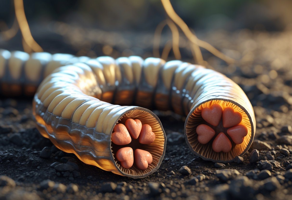 Imagem 3D de uma minhoca gigante cortada ao meio mostrando seus vários corações vermelhos dentro do corpo, com terra e raízes ao fundo.