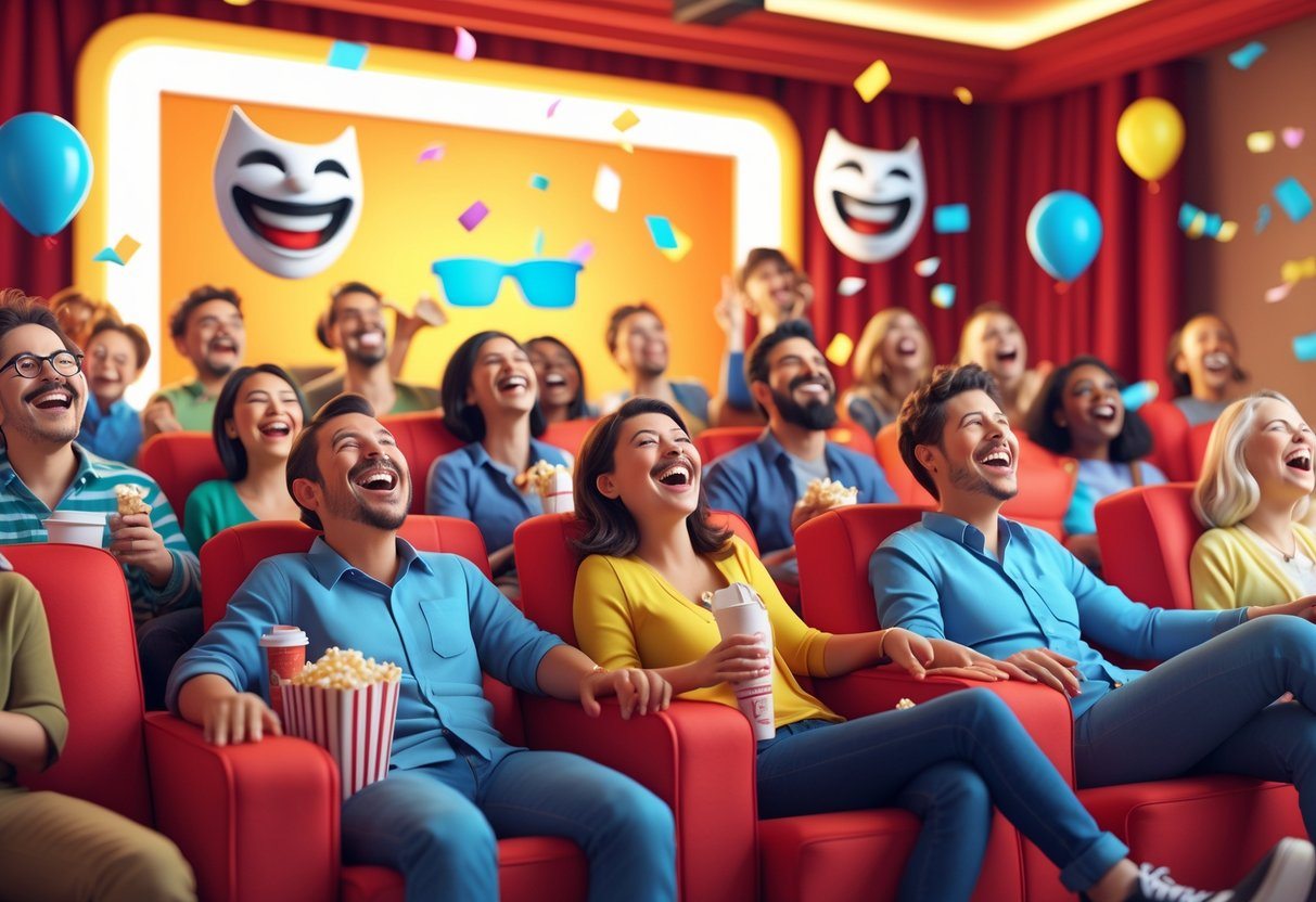 Pessoas rindo e assistindo a um filme de comédia em uma sala de cinema animada e colorida.