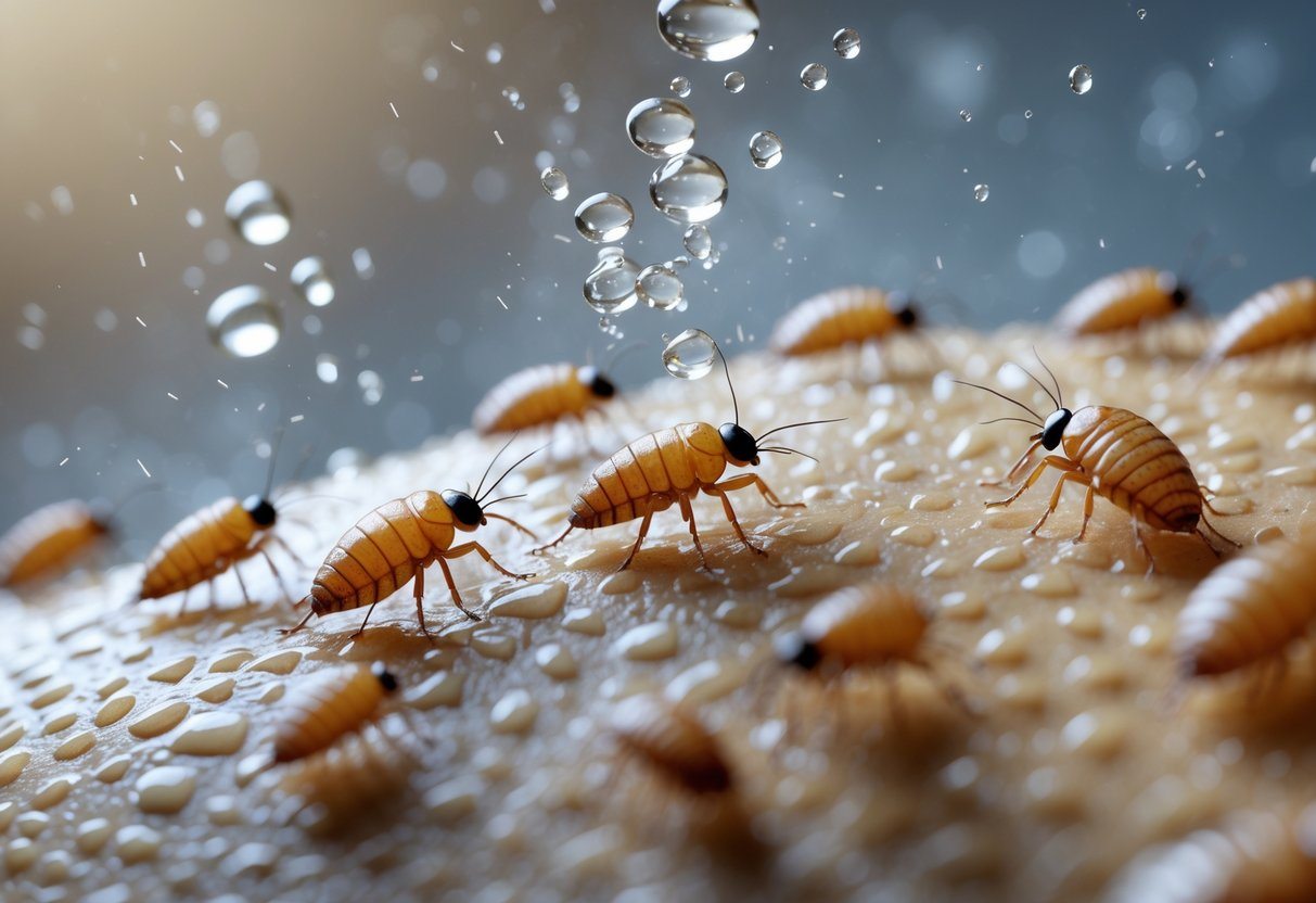 Close-up de pulgas em pelo com gotas de água caindo sobre elas.