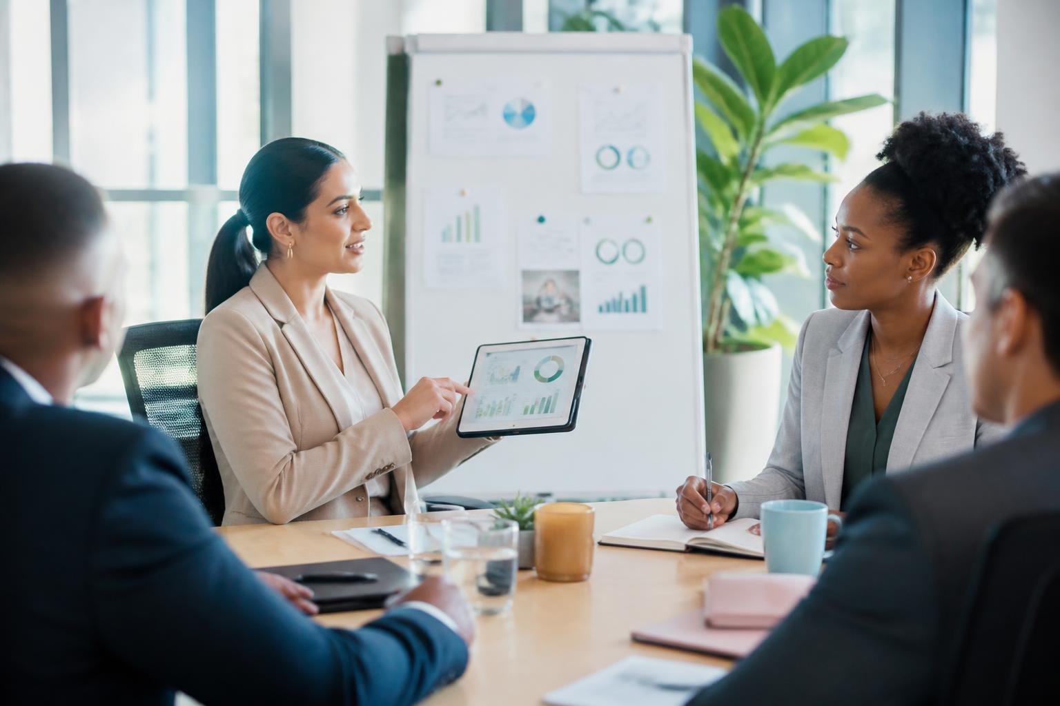 Grupo de profissionais em uma reunião de negócios em um escritório moderno discutindo programas de bem-estar corporativo.