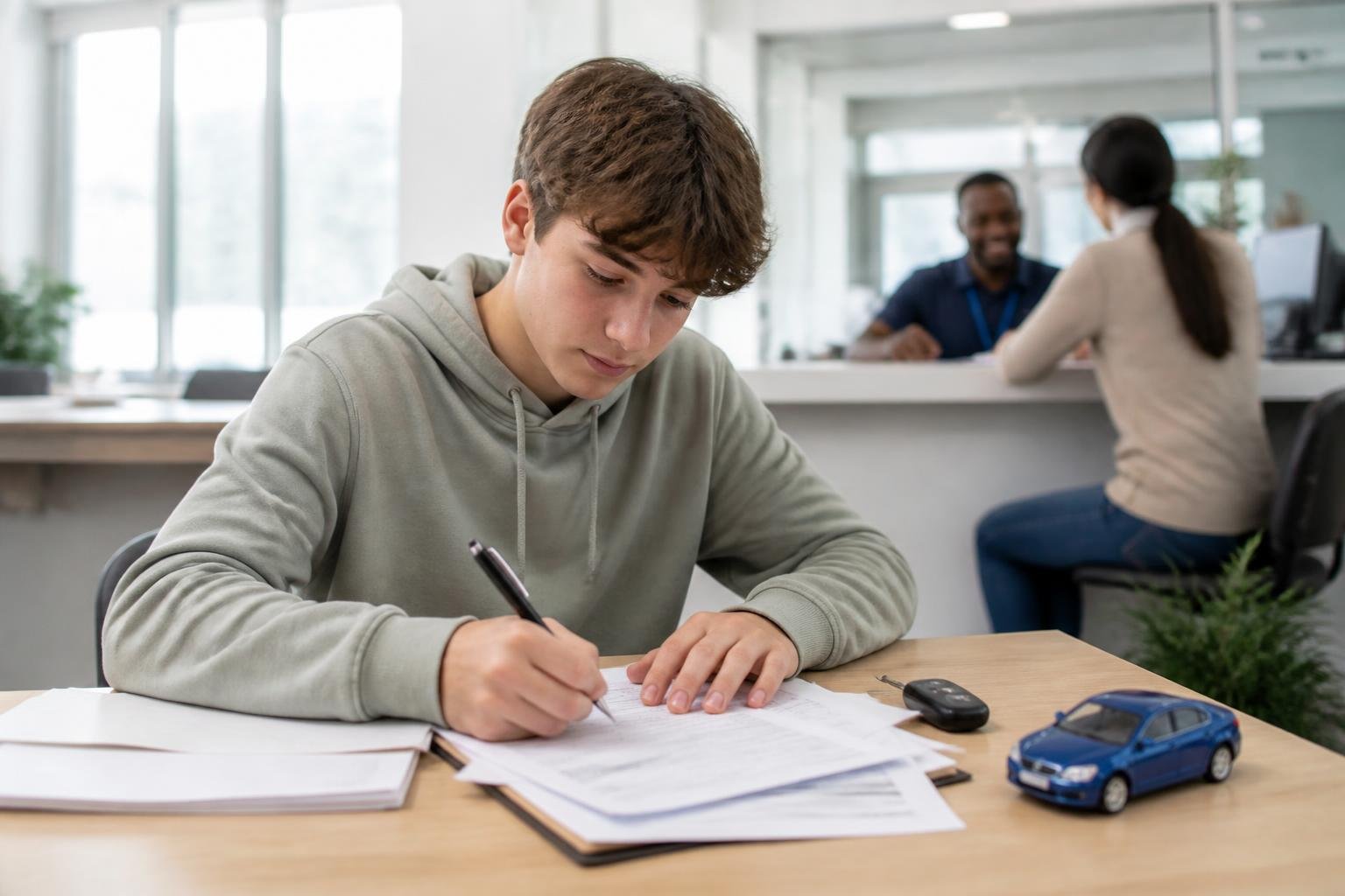 Jovem preenchendo formulário para carteira de motorista em escritório moderno, com funcionário ajudando outra pessoa ao fundo.