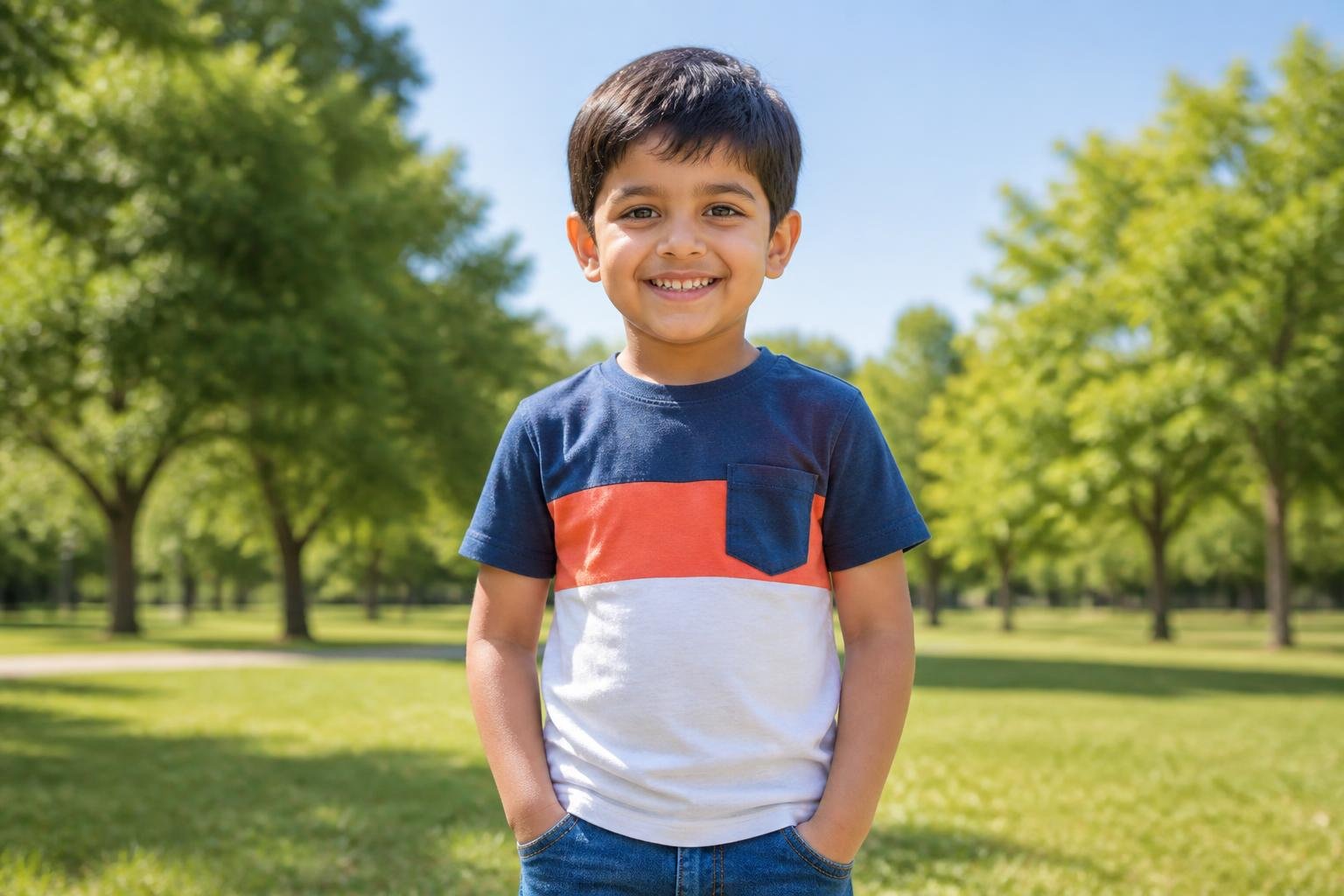Menino jovem sorrindo ao ar livre em um parque ensolarado.