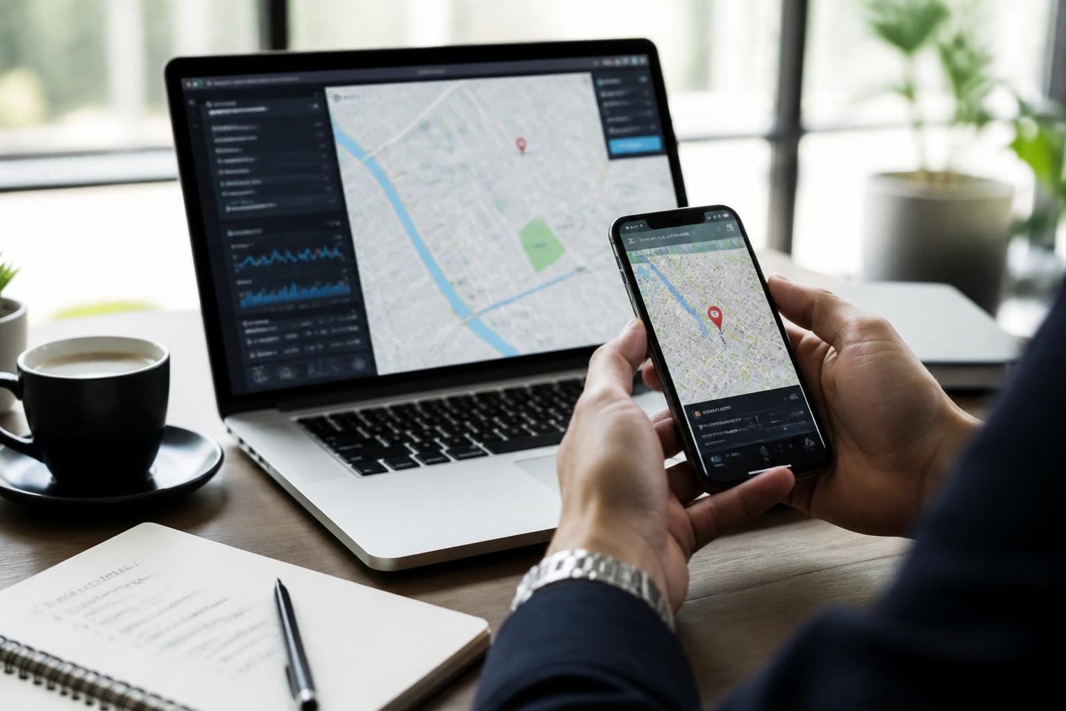 Pessoa segurando um smartphone mostrando um mapa com localizações, com laptop e caderno sobre uma mesa em um ambiente de escritório iluminado.
