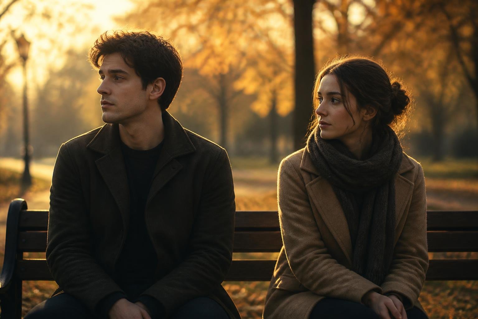 Duas pessoas sentadas lado a lado em um banco de parque, uma olhando para longe com expressão distante e a outra olhando para ela com olhar hesitante e emocional.