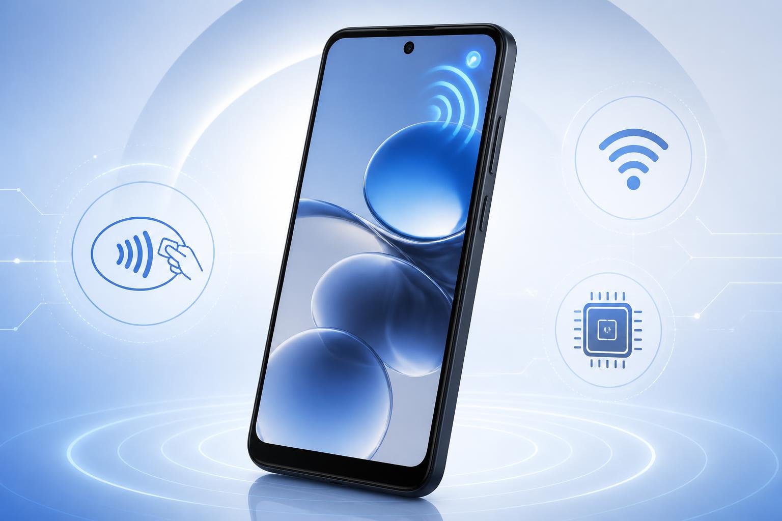 Ilustração de um smartphone moderno com ondas de sinal NFC saindo do canto superior, cercado por ícones de comunicação sem fio.
