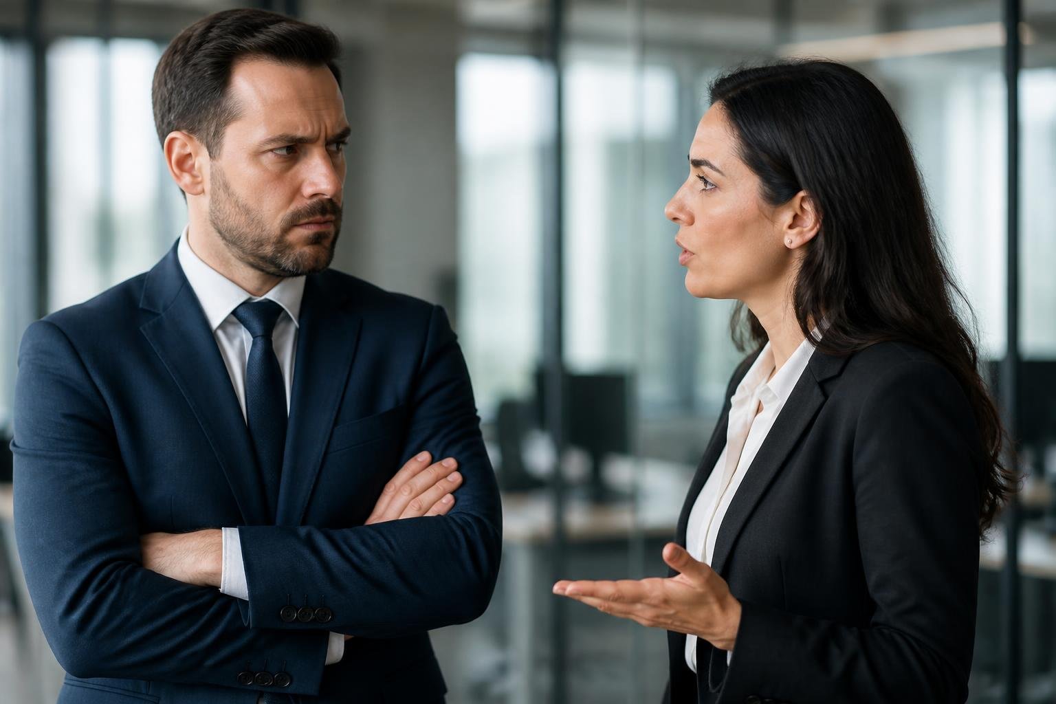 Homem orgulhoso com expressão magoada conversando com mulher confiante em um escritório moderno.