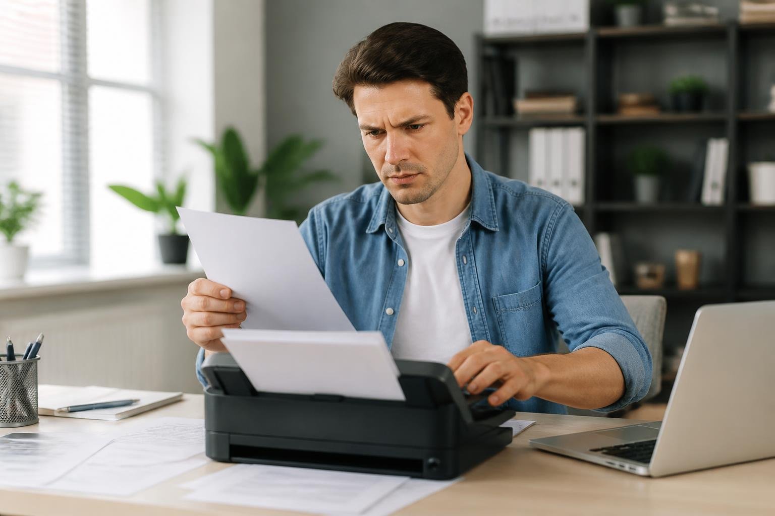 Pessoa jovem verificando documentos em um scanner moderno em um escritório bem iluminado.