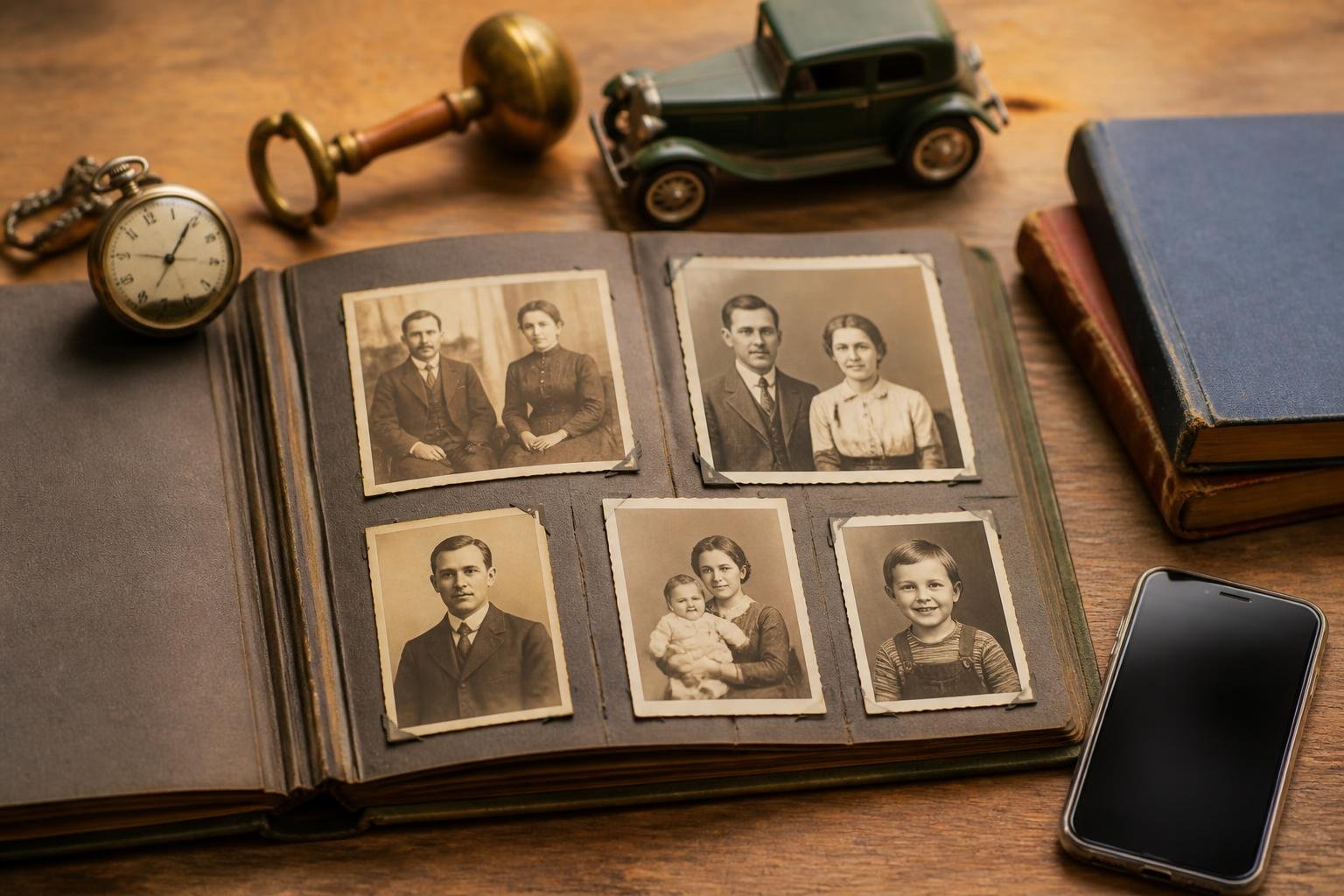 Álbum de fotos antigo aberto sobre uma mesa com objetos simbólicos representando várias gerações familiares.
