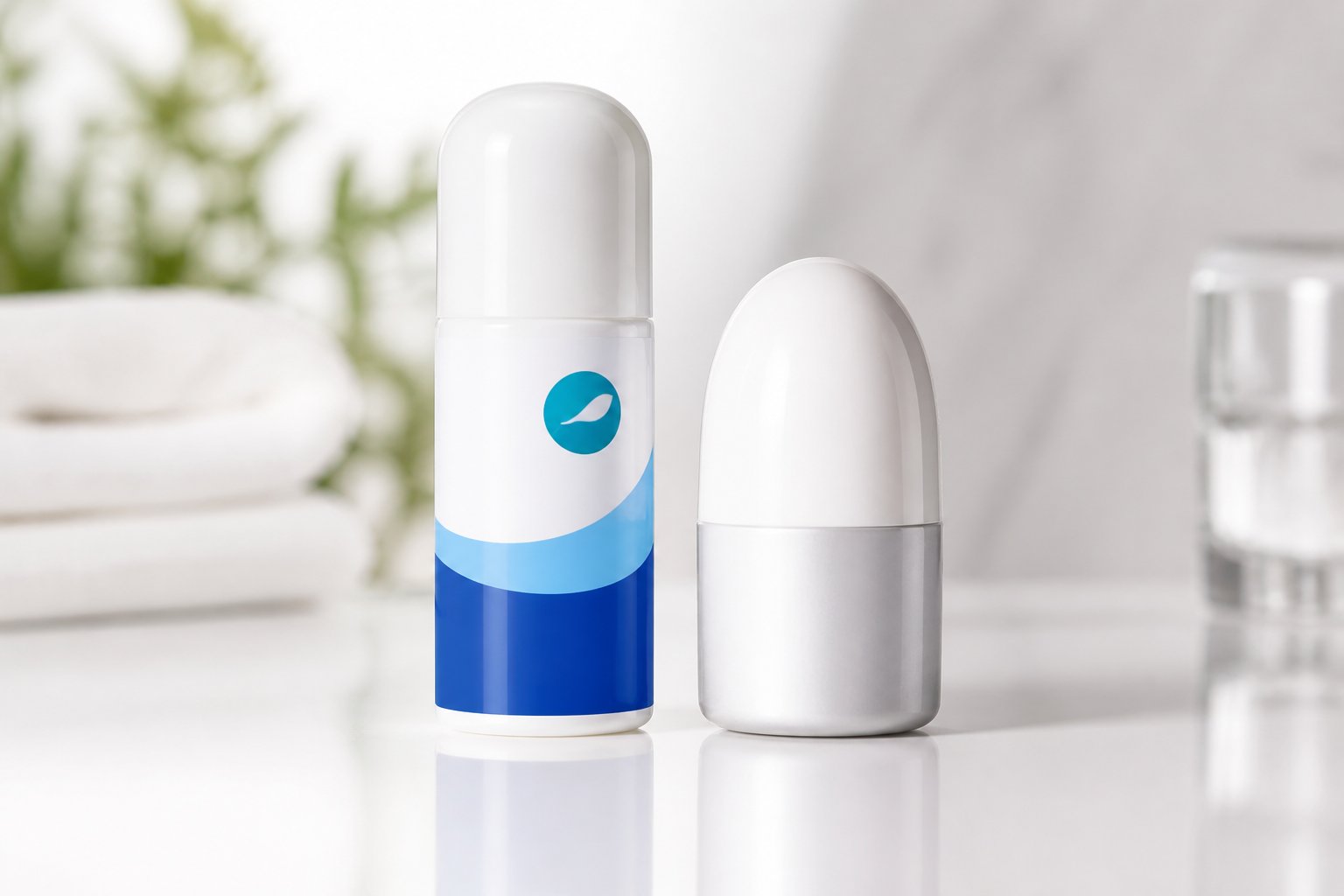 Dois frascos de desodorante colocados lado a lado sobre uma superfície branca, com iluminação suave e fundo desfocado.