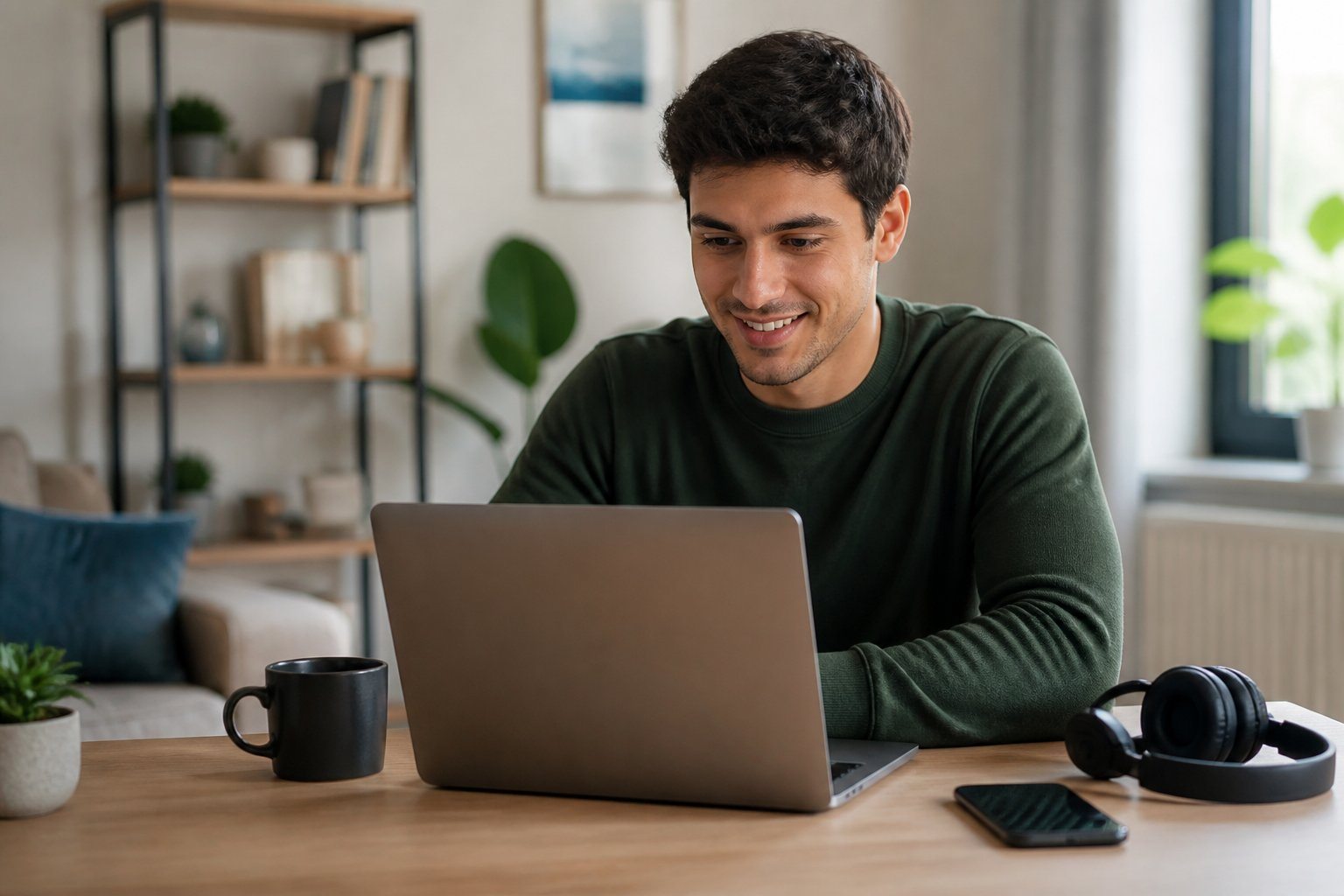 Pessoa jovem assistindo filmes online grátis no computador em um ambiente doméstico confortável.