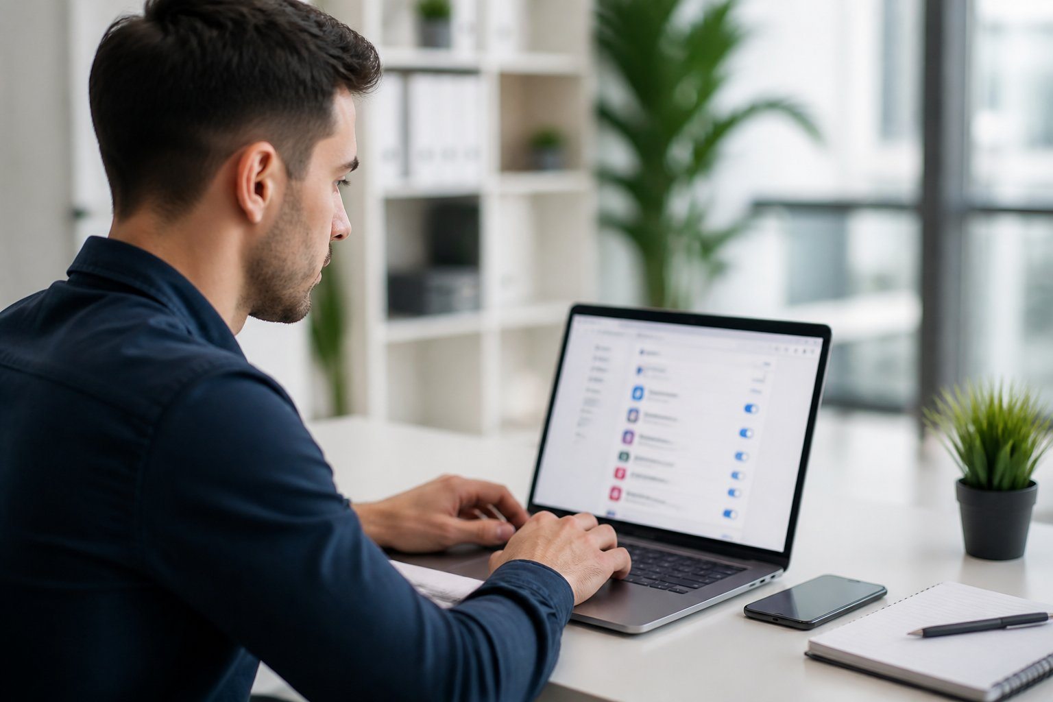Pessoa jovem sentada em uma mesa moderna de escritório, usando um laptop e um smartphone, concentrada em configurar algo nas redes sociais.