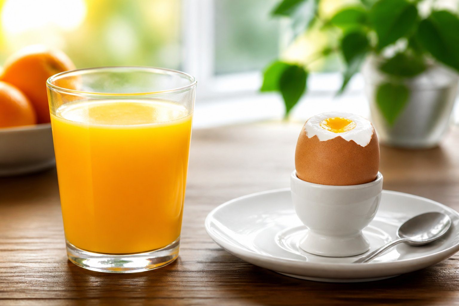 Copo de suco de laranja ao lado de um ovo cozido em um prato sobre uma mesa de madeira.